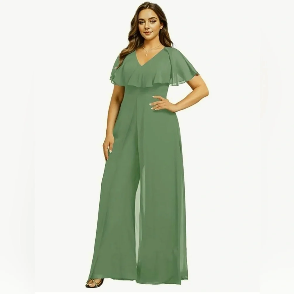 Women’s Jumpsuit Romper Pants suit Sage Green Ruffle Flutter Overlay Sz 12 NWT